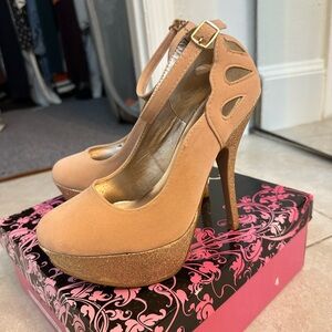 Elegant Nude Velvet and Sparkle Platform Heels